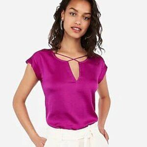 EXPRESS Criss-Cross Neck Gramercy Tee Top Blouse Hot Pink Fuscia Cap Sleeves